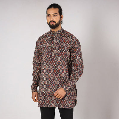 Brown - Bagru Block Printing Cotton Men Short Kurta