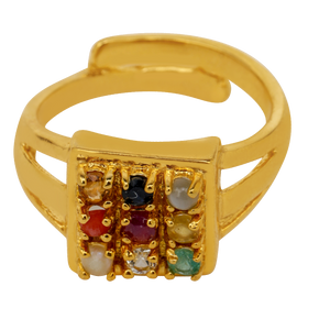 Studio Vaidik Navratan Ring Ruby (Manik), Emerald (Panna), Blue Sapphire (Neelam), Yellow Sapphire (Pukhraj), Pearl (Moti), Zircon Diamond (Heera)(cz- cubic zirconia), Red Coral (Moonga), Hessonite (Gomed), and Cat's Eye (Lehsunia)