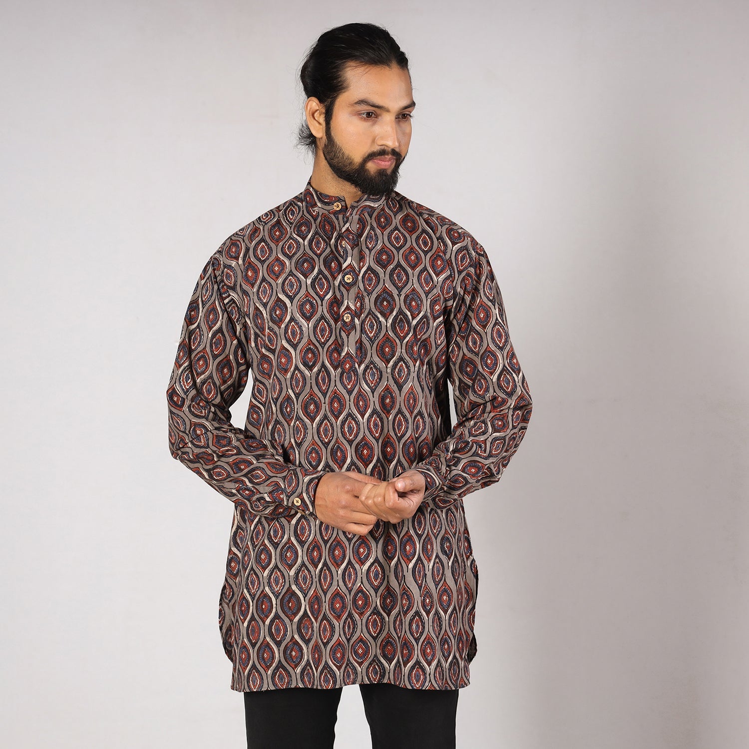 Brown - Bagru Block Printing Cotton Men Short Kurta