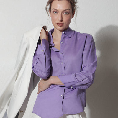 Rareism Women Jayleen Fluorescent Purple Modal Linen Fabric Full Sleeves Button Closure Shirt Collar Slim Fit Plain Top