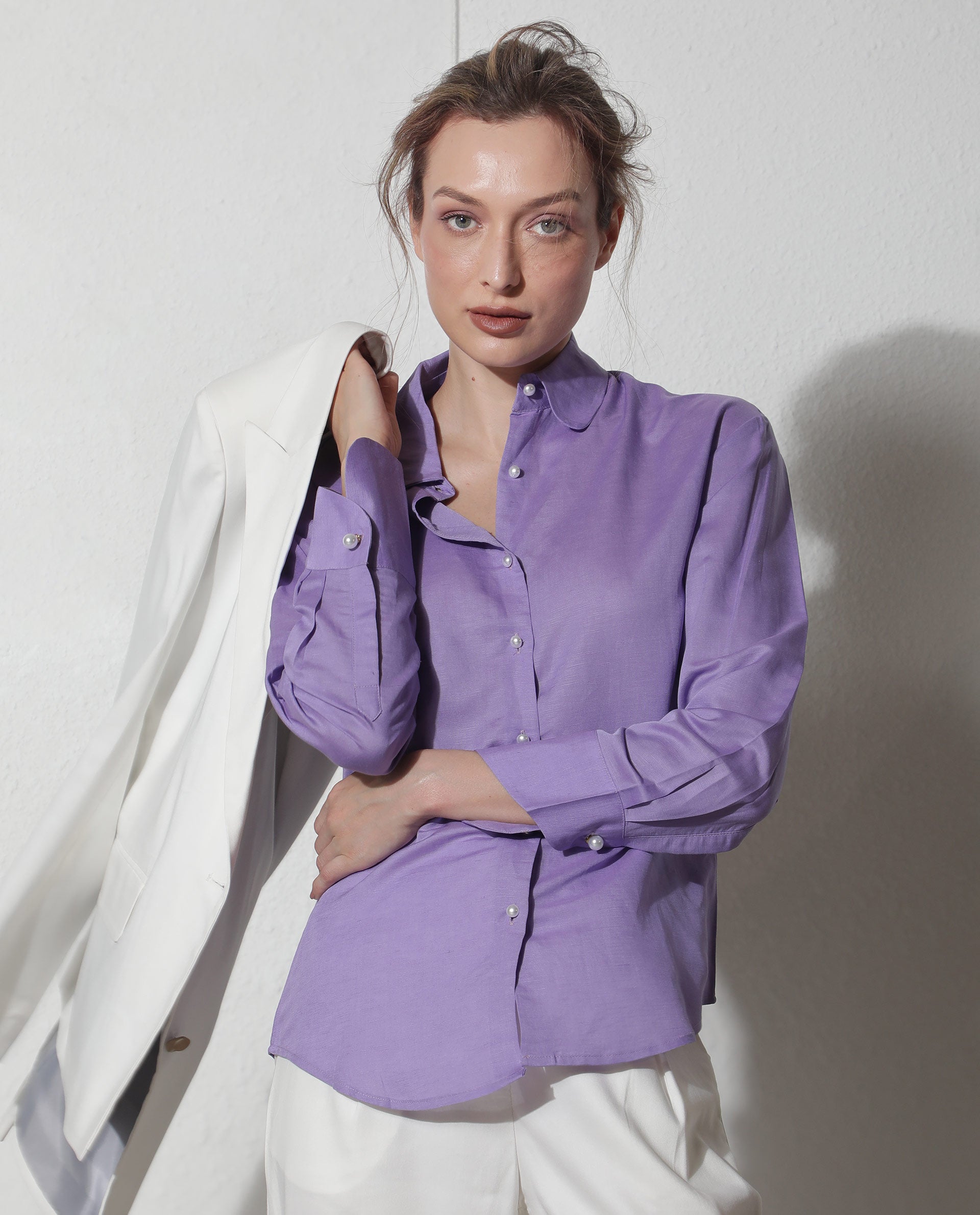 Rareism Women Jayleen Fluorescent Purple Modal Linen Fabric Full Sleeves Button Closure Shirt Collar Slim Fit Plain Top