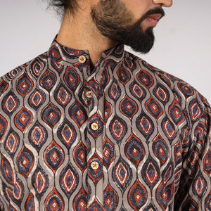Brown - Bagru Block Printing Cotton Men Short Kurta