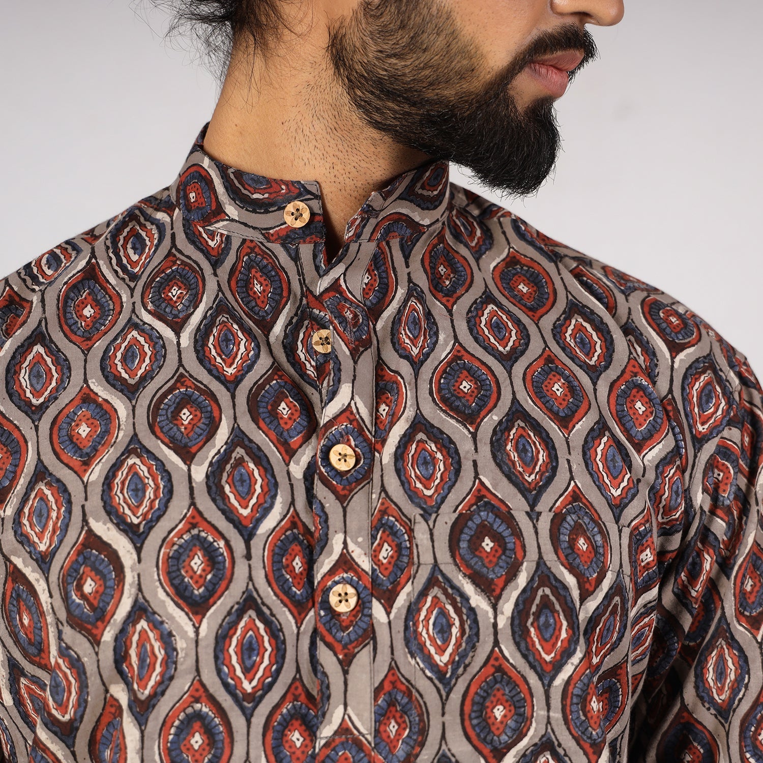 Brown - Bagru Block Printing Cotton Men Short Kurta