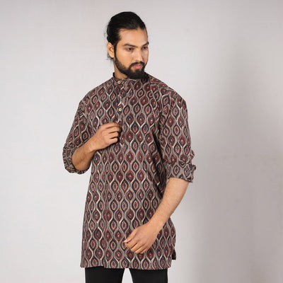 Brown - Bagru Block Printing Cotton Men Short Kurta