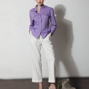 Rareism Women Jayleen Fluorescent Purple Modal Linen Fabric Full Sleeves Button Closure Shirt Collar Slim Fit Plain Top