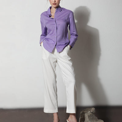 Rareism Women Jayleen Fluorescent Purple Modal Linen Fabric Full Sleeves Button Closure Shirt Collar Slim Fit Plain Top