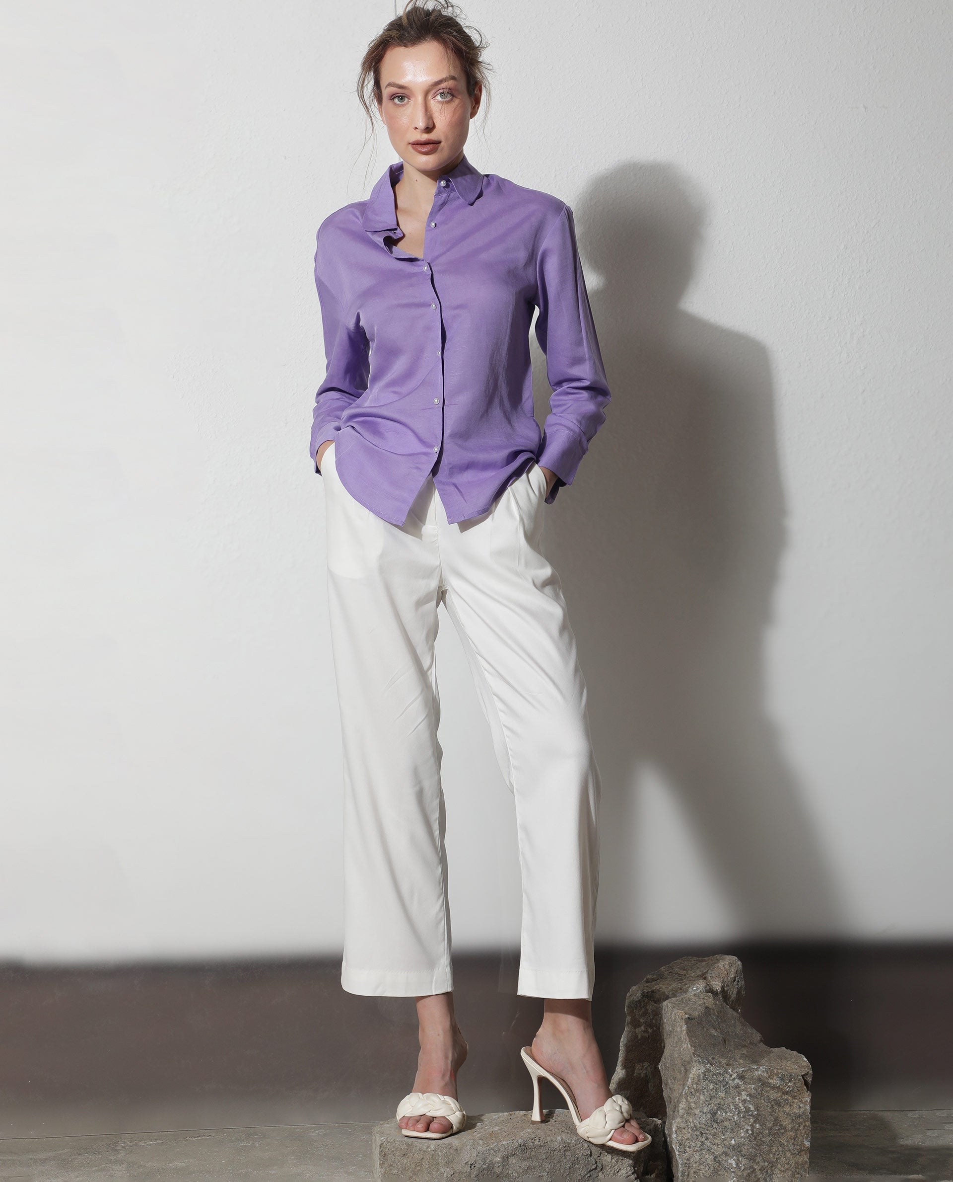 Rareism Women Jayleen Fluorescent Purple Modal Linen Fabric Full Sleeves Button Closure Shirt Collar Slim Fit Plain Top