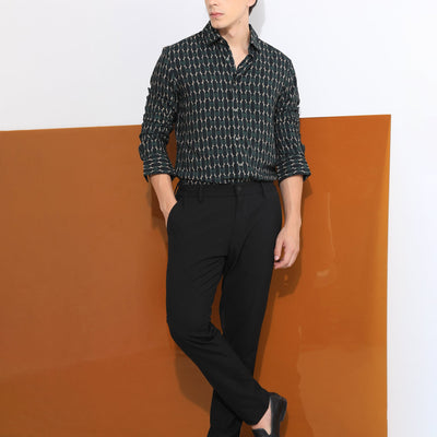 Rare Rabbit Mens Oliver Green Viscose Fabric Full Sleeves Slim Fit Geometric Print Shirt