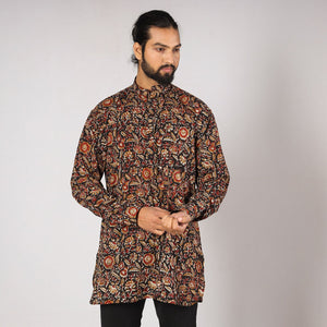Black - Bagru Block Printing Cotton Men Short Kurta