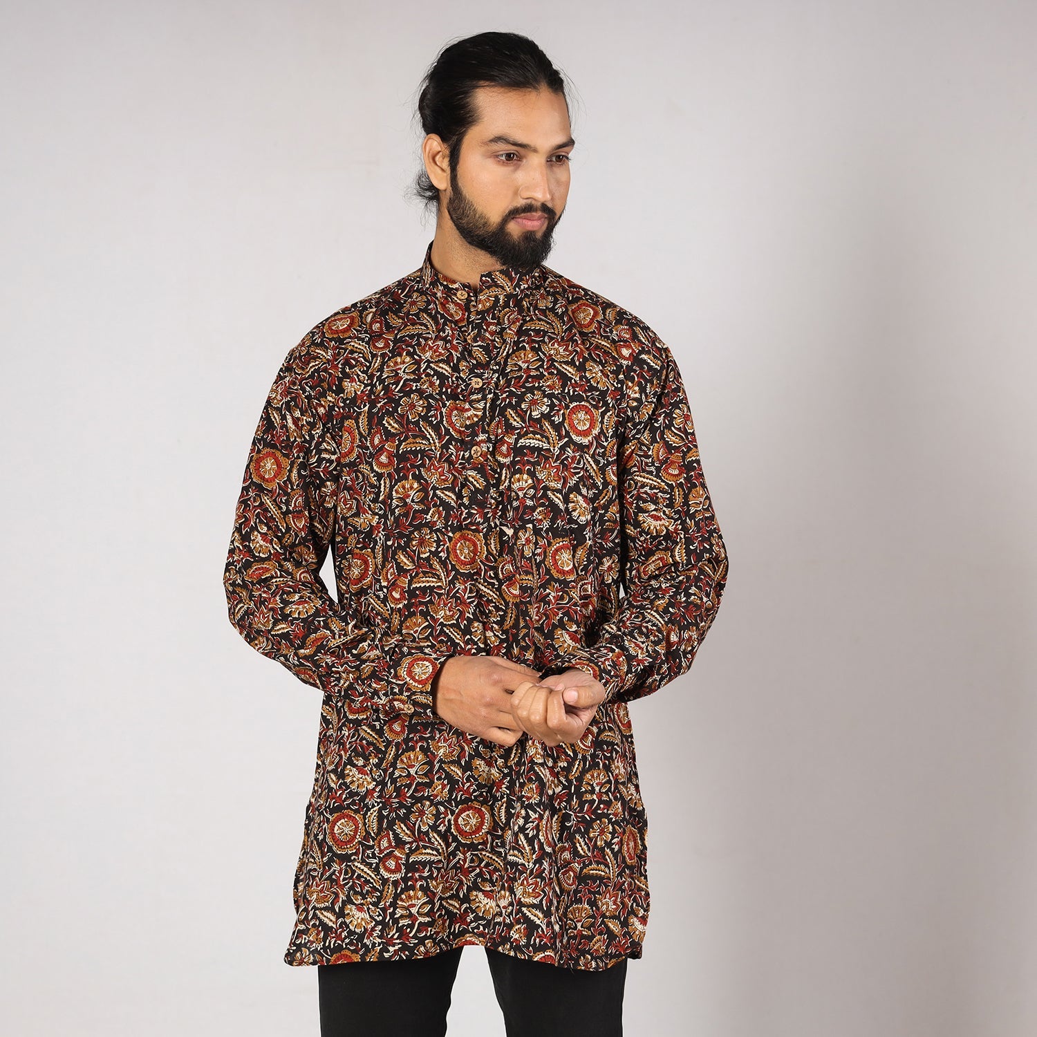 Black - Bagru Block Printing Cotton Men Short Kurta