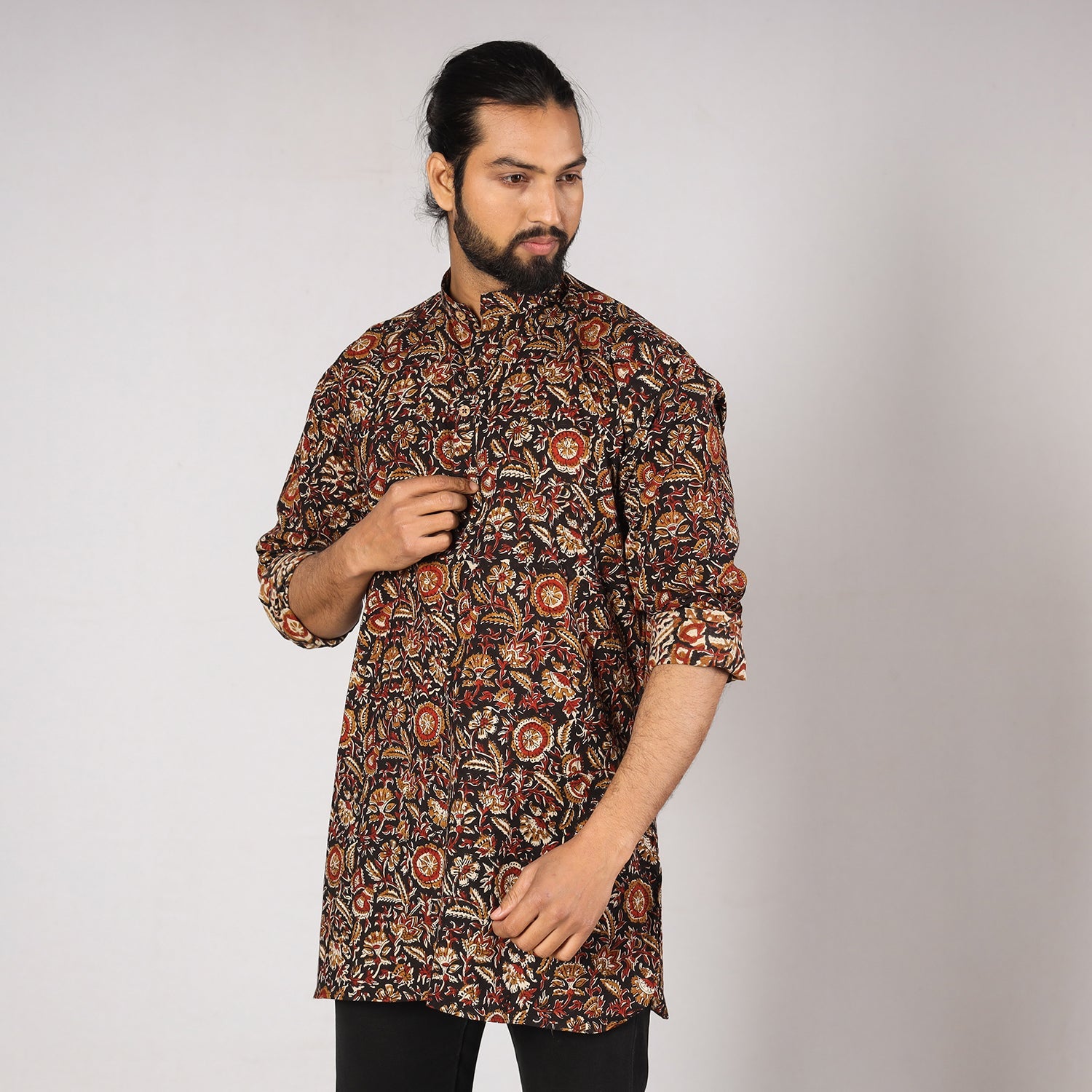 Black - Bagru Block Printing Cotton Men Short Kurta