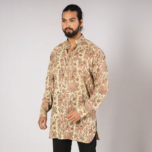 Beige - Bagru Block Printing Cotton Men Short Kurta