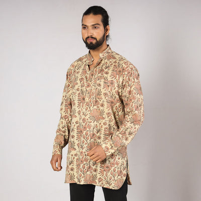 Beige - Bagru Block Printing Cotton Men Short Kurta