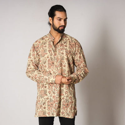 Beige - Bagru Block Printing Cotton Men Short Kurta