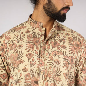 Beige - Bagru Block Printing Cotton Men Short Kurta