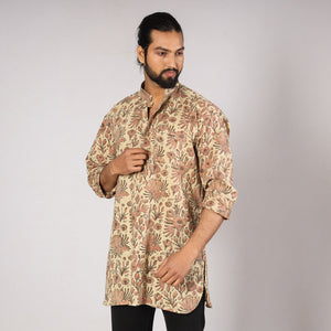 Beige - Bagru Block Printing Cotton Men Short Kurta