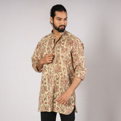 Beige - Bagru Block Printing Cotton Men Short Kurta