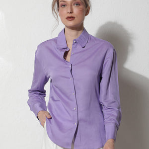 Rareism Women Jayleen Fluorescent Purple Modal Linen Fabric Full Sleeves Button Closure Shirt Collar Slim Fit Plain Top
