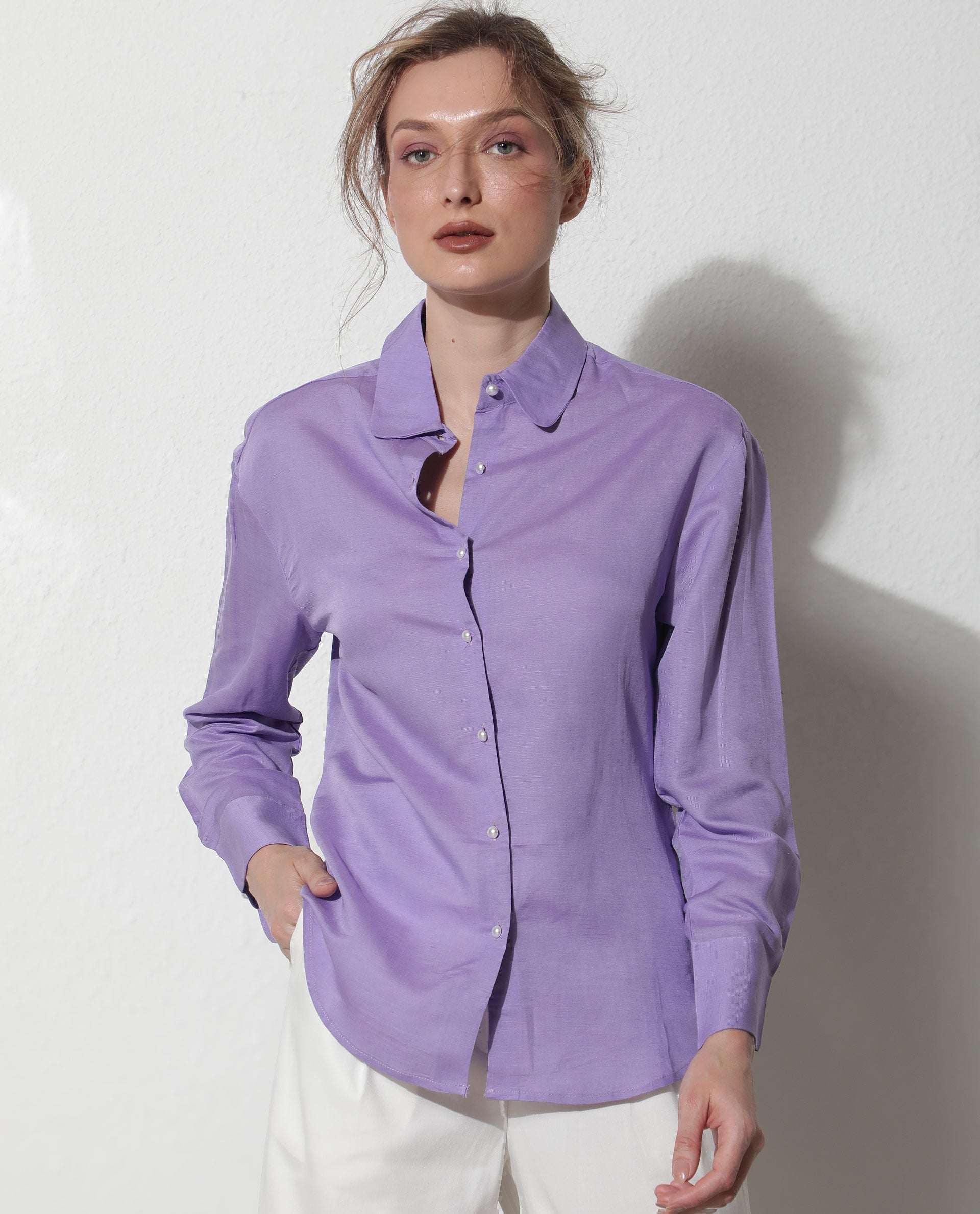 Rareism Women Jayleen Fluorescent Purple Modal Linen Fabric Full Sleeves Button Closure Shirt Collar Slim Fit Plain Top