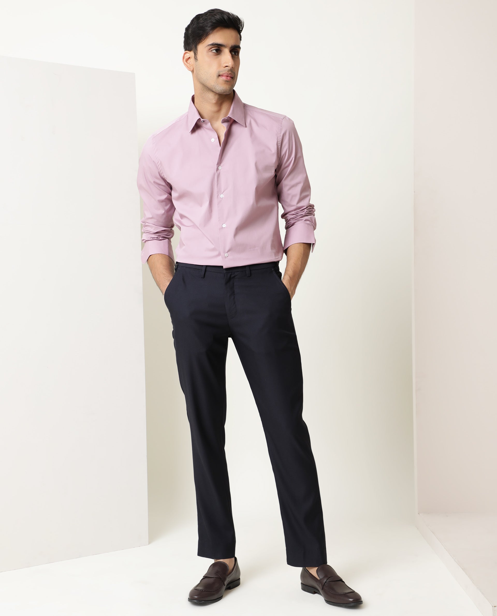 Rare Rabbit Men's Neutons Pink Cotton Lycra Fabric Full Sleeves Solid Shirt