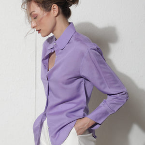 Rareism Women Jayleen Fluorescent Purple Modal Linen Fabric Full Sleeves Button Closure Shirt Collar Slim Fit Plain Top