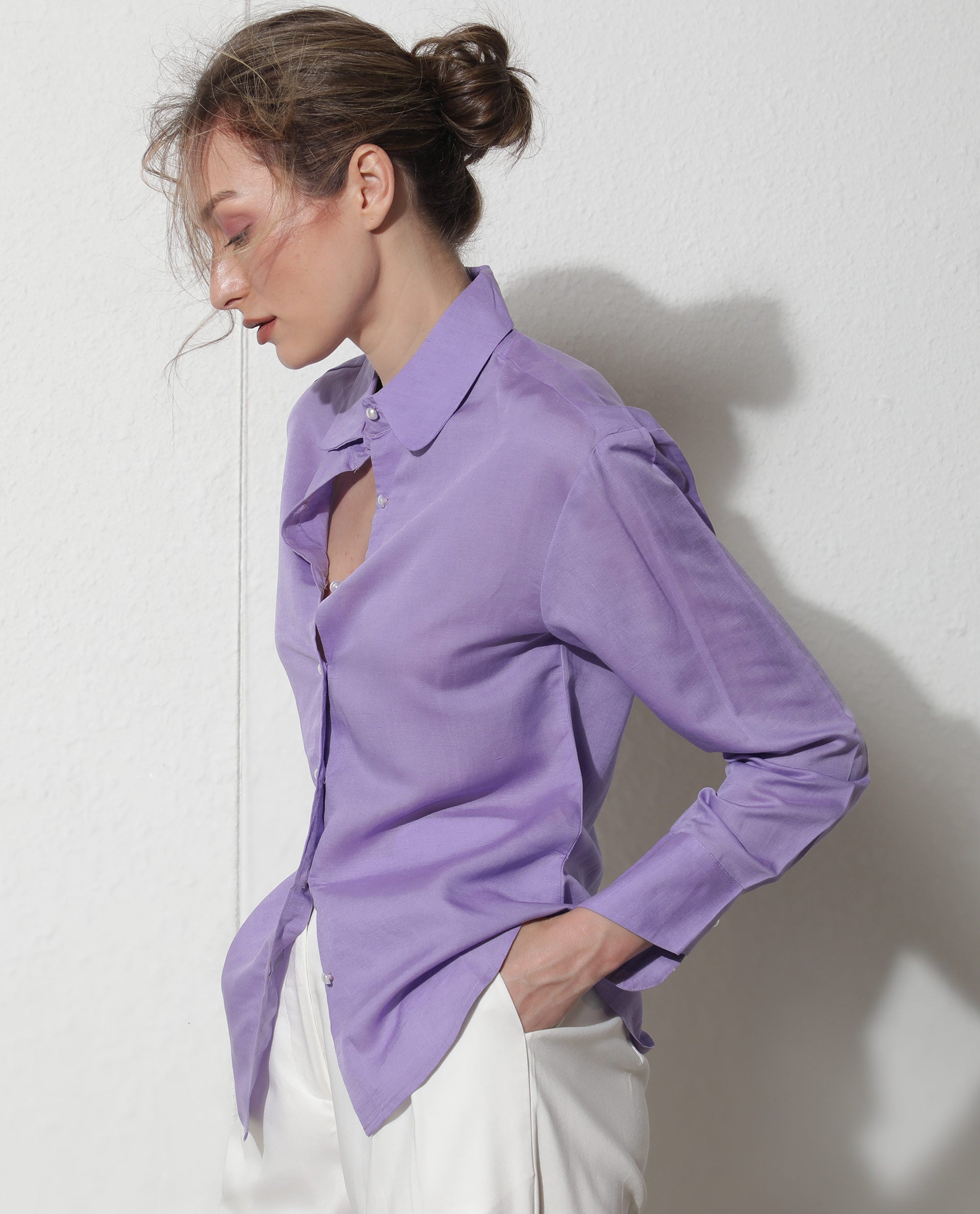 Rareism Women Jayleen Fluorescent Purple Modal Linen Fabric Full Sleeves Button Closure Shirt Collar Slim Fit Plain Top
