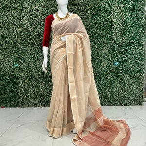 Off White Pure Silk Cotton Maheshwari Saree with Zari Border