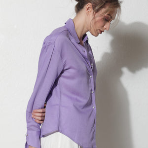 Rareism Women Jayleen Fluorescent Purple Modal Linen Fabric Full Sleeves Button Closure Shirt Collar Slim Fit Plain Top