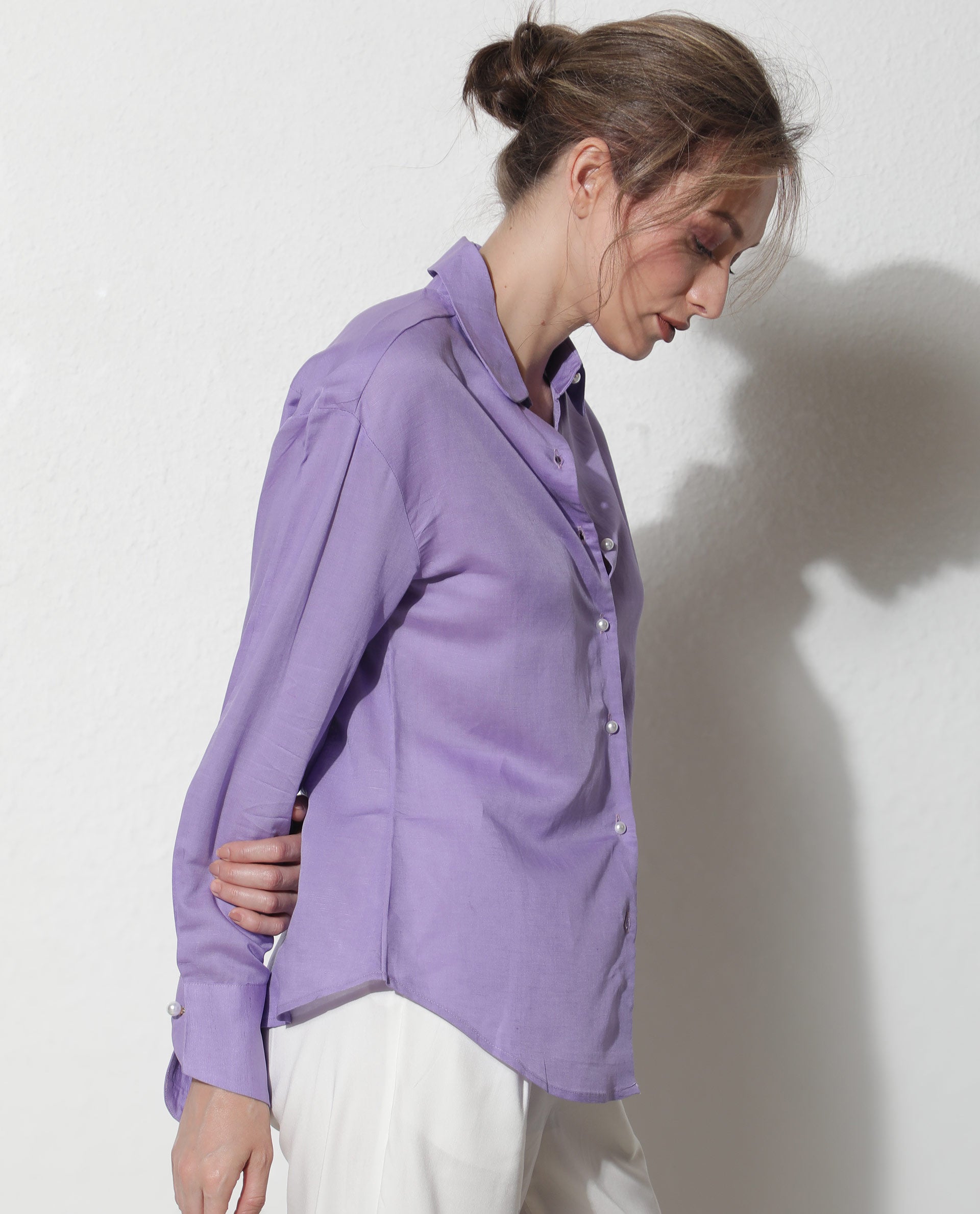 Rareism Women Jayleen Fluorescent Purple Modal Linen Fabric Full Sleeves Button Closure Shirt Collar Slim Fit Plain Top