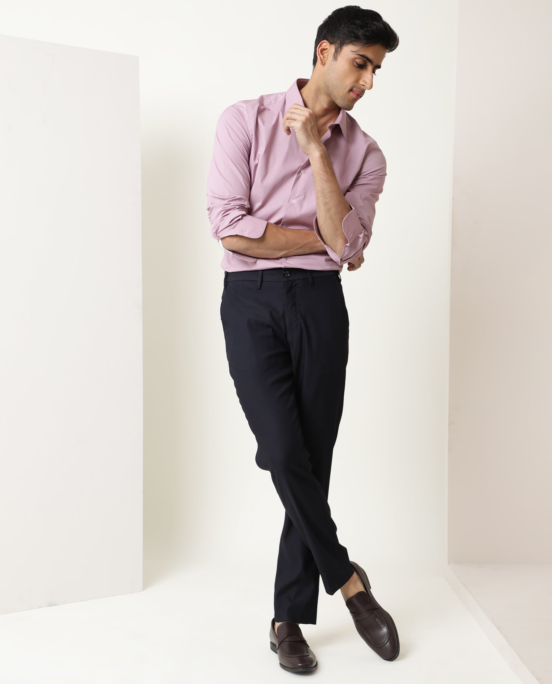 Rare Rabbit Men's Neutons Pink Cotton Lycra Fabric Full Sleeves Solid Shirt
