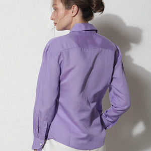 Rareism Women Jayleen Fluorescent Purple Modal Linen Fabric Full Sleeves Button Closure Shirt Collar Slim Fit Plain Top