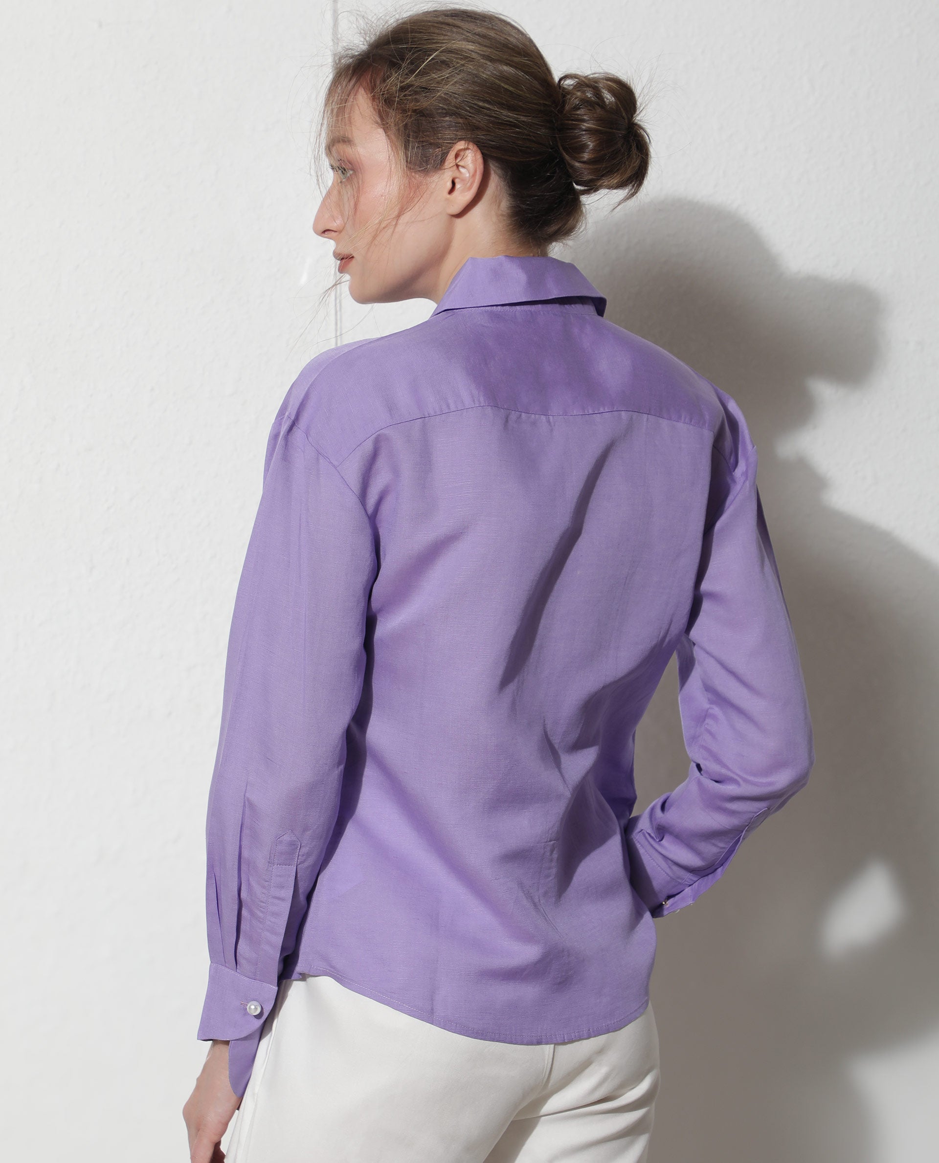 Rareism Women Jayleen Fluorescent Purple Modal Linen Fabric Full Sleeves Button Closure Shirt Collar Slim Fit Plain Top