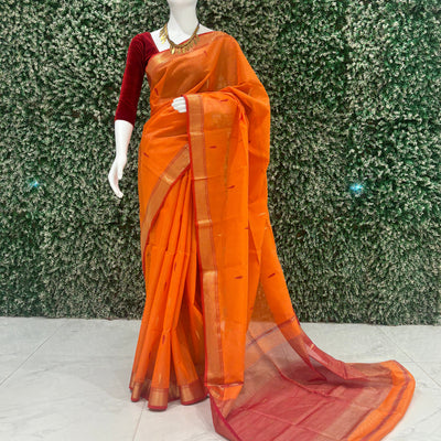 Orange Maroon Butta Design Pure Silk Cotton Maheshwari Saree with Zari Border