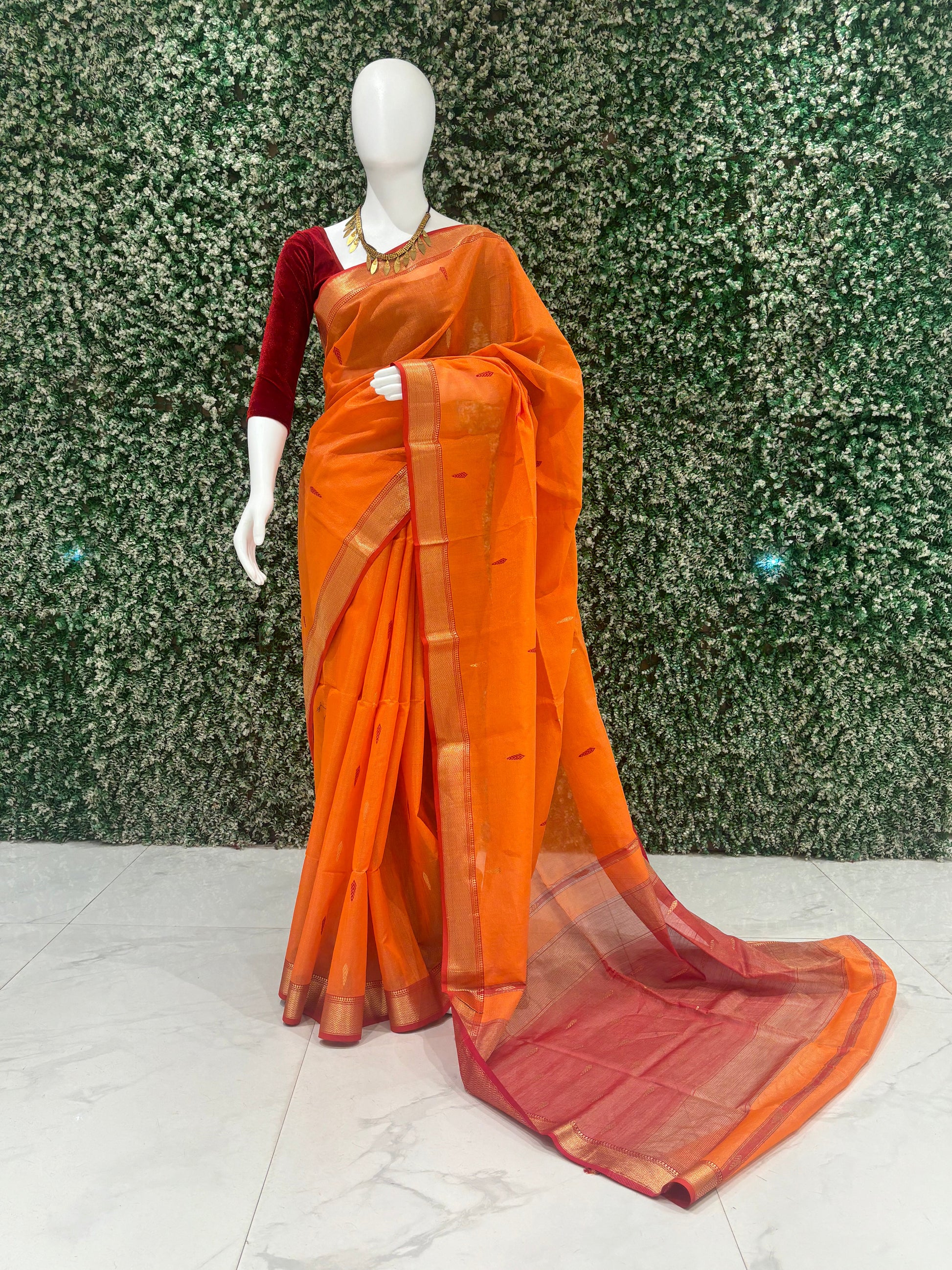 Orange Maroon Butta Design Pure Silk Cotton Maheshwari Saree with Zari Border