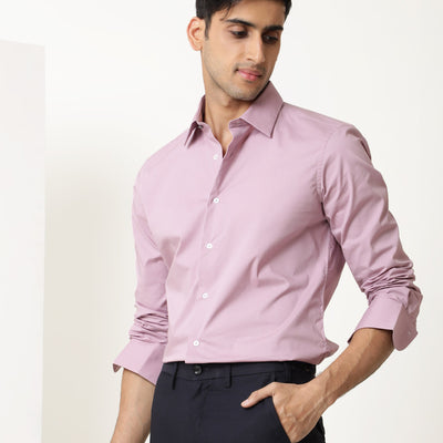 Rare Rabbit Men's Neutons Pink Cotton Lycra Fabric Full Sleeves Solid Shirt