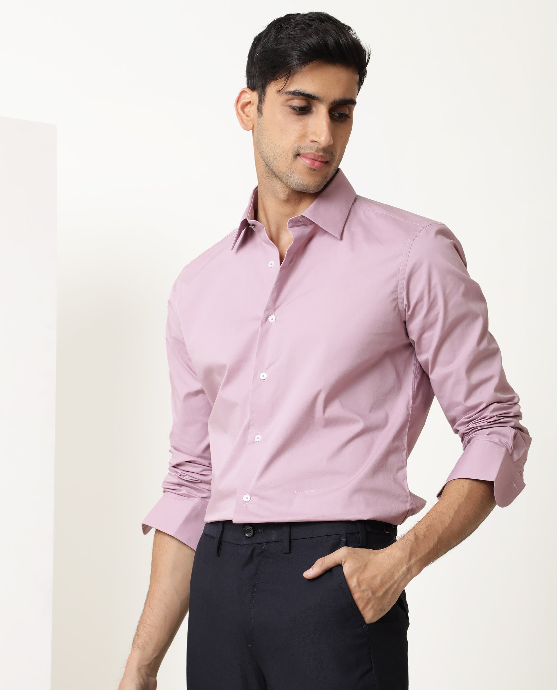 Rare Rabbit Men's Neutons Pink Cotton Lycra Fabric Full Sleeves Solid Shirt