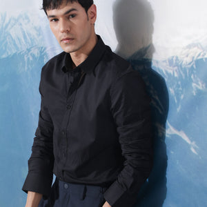 Rare Rabbit Men's Fullslee Black Cotton Fabric Full Sleeves Solid Shirt