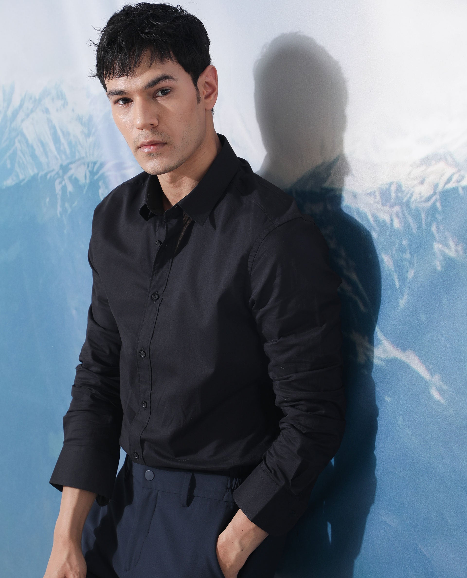 Rare Rabbit Men's Fullslee Black Cotton Fabric Full Sleeves Solid Shirt
