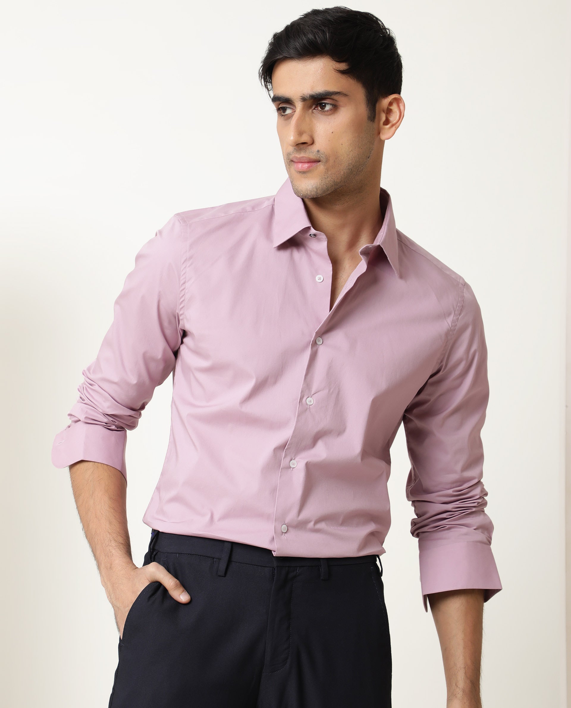 Rare Rabbit Men's Neutons Pink Cotton Lycra Fabric Full Sleeves Solid Shirt