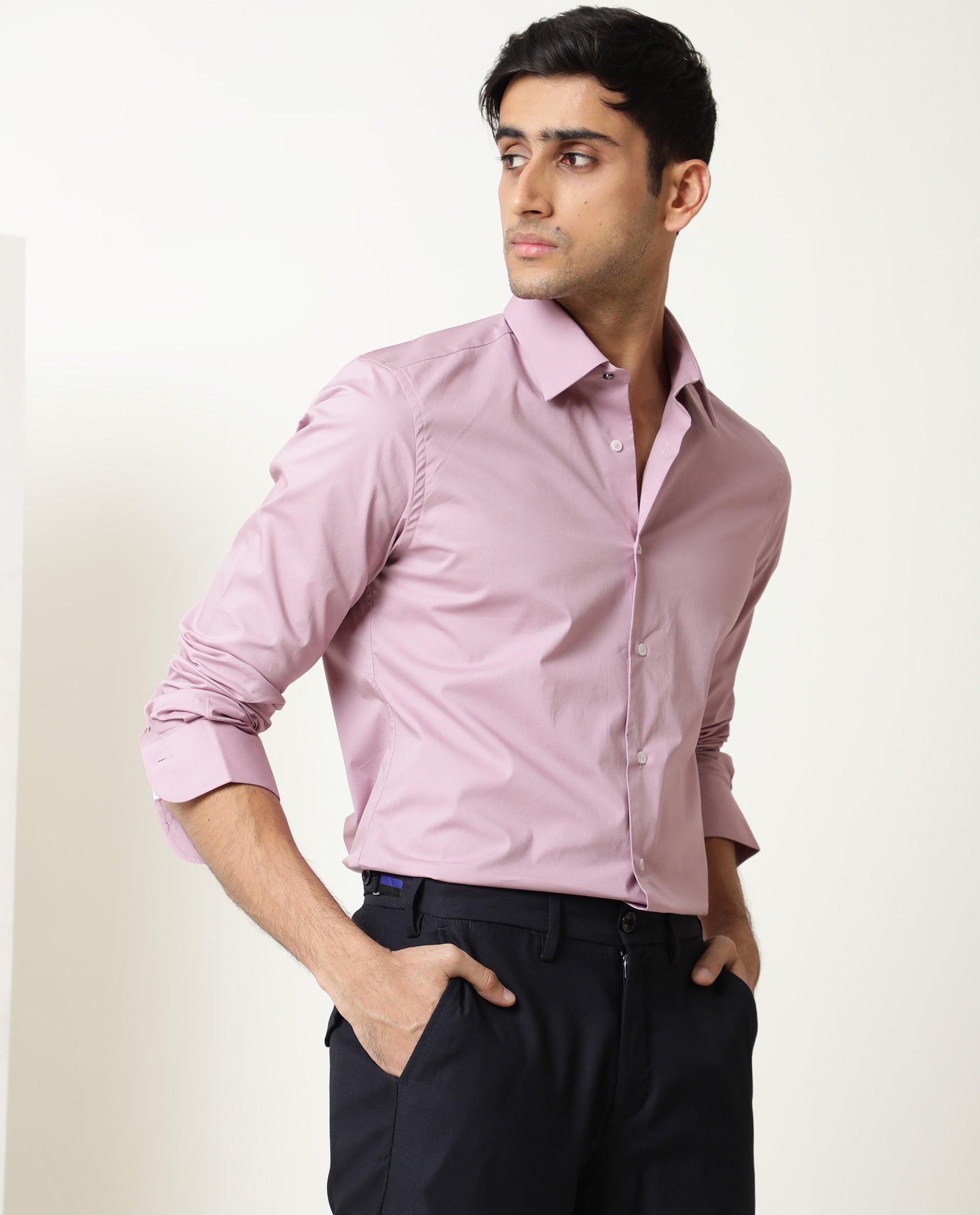 Rare Rabbit Men's Neutons Pink Cotton Lycra Fabric Full Sleeves Solid Shirt