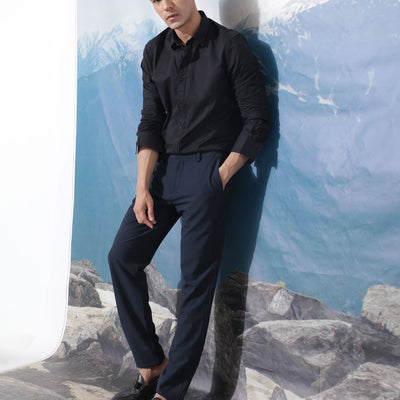 Rare Rabbit Men's Fullslee Black Cotton Fabric Full Sleeves Solid Shirt