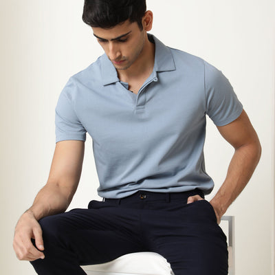Rare Rabbit Men'S Zeny Blue Cotton Fabric Collared Neck Half Sleeves Button Closure Polo T-Shirt