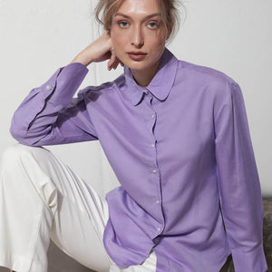 Rareism Women Jayleen Fluorescent Purple Modal Linen Fabric Full Sleeves Button Closure Shirt Collar Slim Fit Plain Top
