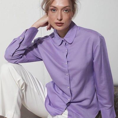 Rareism Women Jayleen Fluorescent Purple Modal Linen Fabric Full Sleeves Button Closure Shirt Collar Slim Fit Plain Top