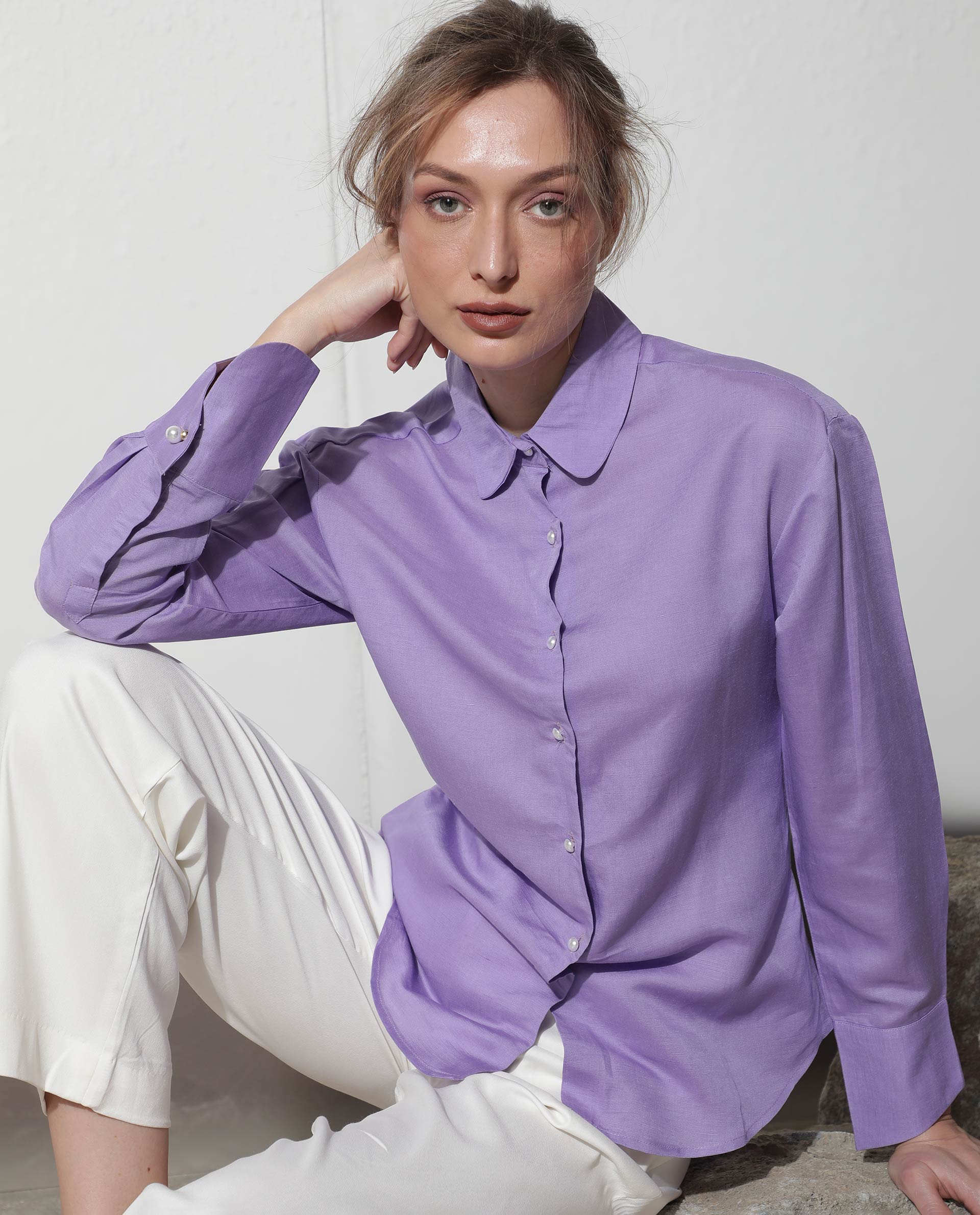 Rareism Women Jayleen Fluorescent Purple Modal Linen Fabric Full Sleeves Button Closure Shirt Collar Slim Fit Plain Top