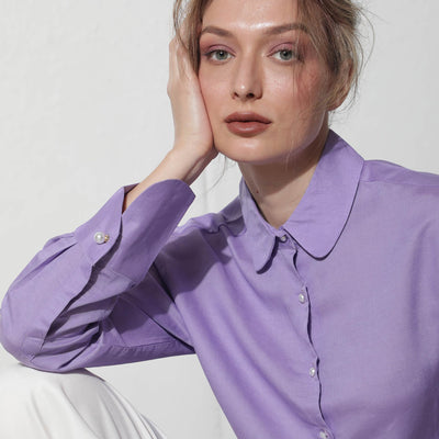 Rareism Women Jayleen Fluorescent Purple Modal Linen Fabric Full Sleeves Button Closure Shirt Collar Slim Fit Plain Top