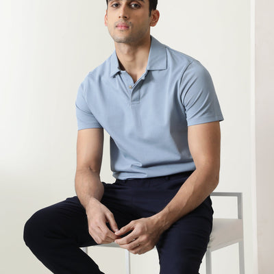 Rare Rabbit Men'S Zeny Blue Cotton Fabric Collared Neck Half Sleeves Button Closure Polo T-Shirt