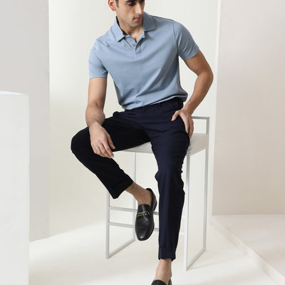 Rare Rabbit Men'S Zeny Blue Cotton Fabric Collared Neck Half Sleeves Button Closure Polo T-Shirt