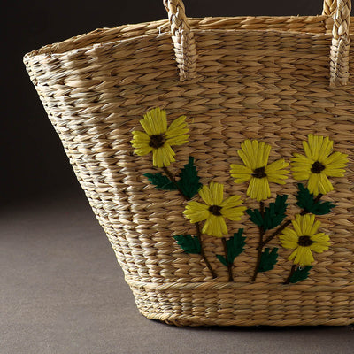 Beige - Handcrafted Natural Water Reed Embroidered Shopping Bag