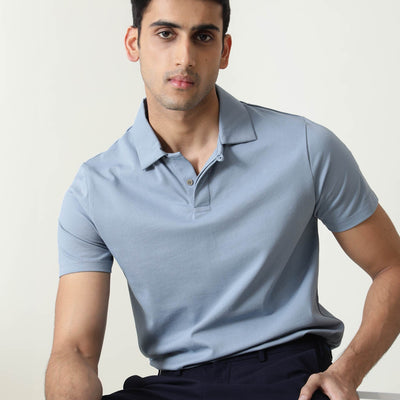 Rare Rabbit Men'S Zeny Blue Cotton Fabric Collared Neck Half Sleeves Button Closure Polo T-Shirt